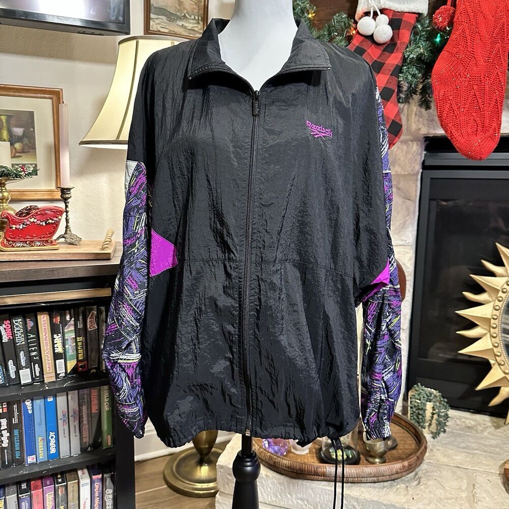 Vintage Reebok Jacket Womens Large Black Purple White Windbreaker 90s Track Coat